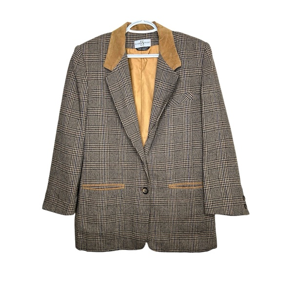 Vintage Jackets & Blazers - Vintage 90s Equestrian Houndstooth Wool Blazer Ultrasuede Tan Collar Preppy M